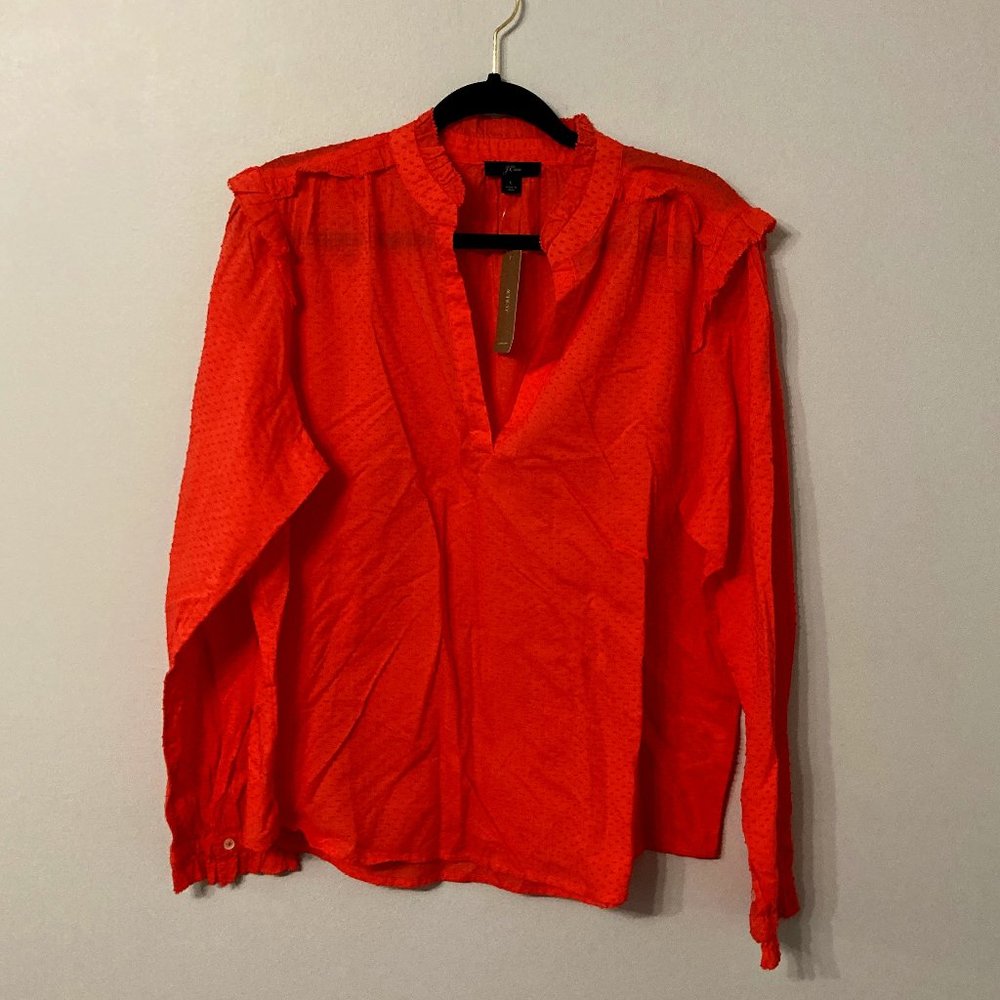 J CREW Ruffle Trim V-Neck Popover in Clip Dot Size Large NEW NWT Coral  Fall